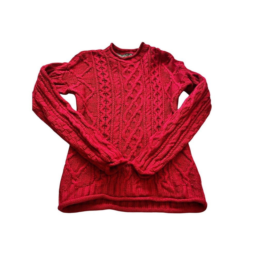 Inis Crafts Women's Red Cable Knit roll Crewneck Pullover 100% Merino Wool S Y2K